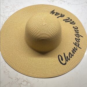 Hat CHAMPAGNE ALL DAY Embroidered Tan Wide Brim Sun Hat Beach Hat Vacation
